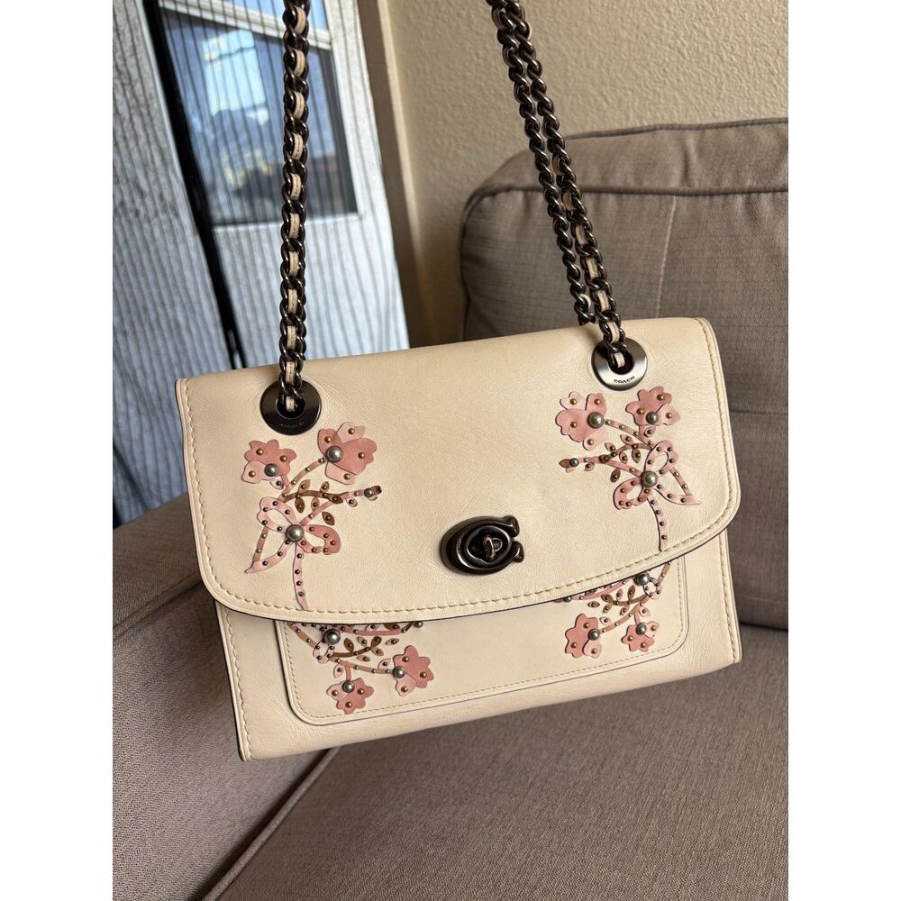 Coach 54620 Parker W/ Floral Embroidery Chalk Leather Shoulder Bag Crossbody